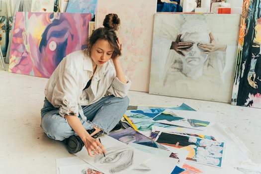 A young woman artist sketching on the floor surrounded by paintings in a creative studio.