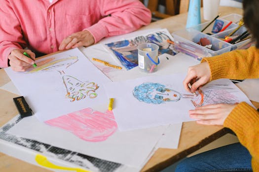 Two adults collaborate in an artistic sketching session using vibrant crayons in a creative workspace.