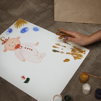 Artistic handmade painting with baby theme and handprints, showcasing creativity and colorful designs.